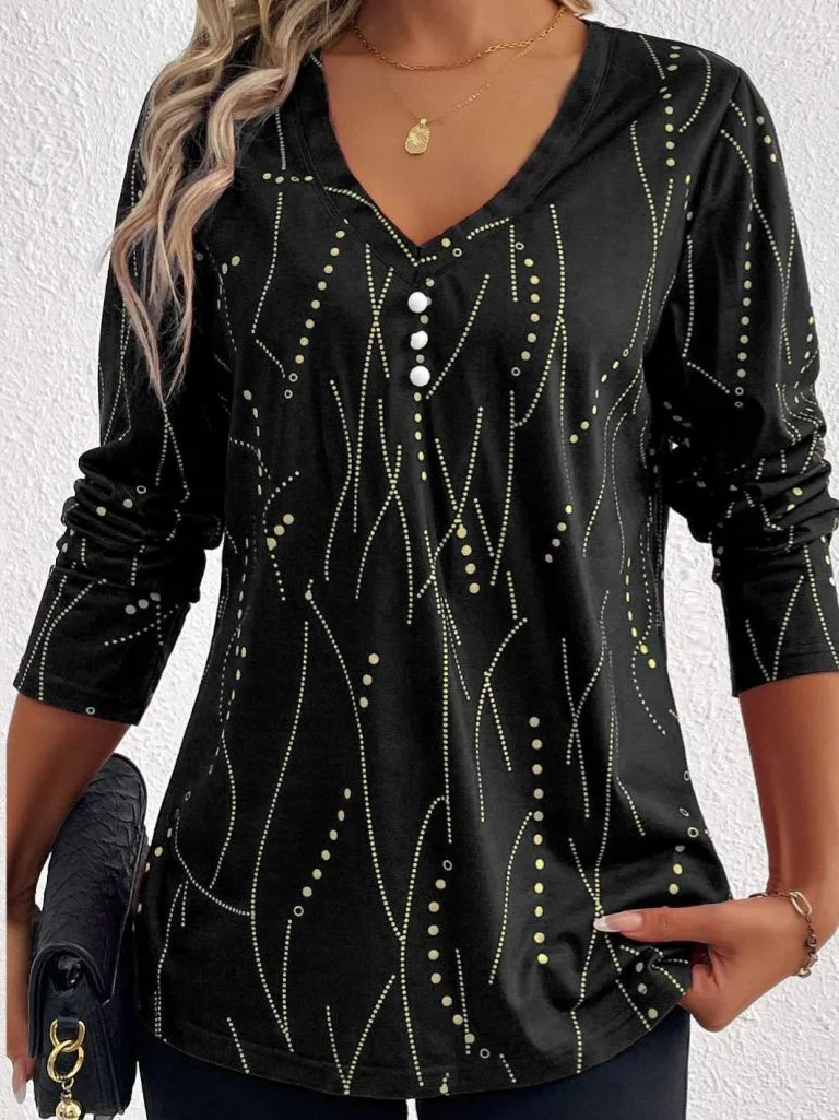 Casual Geometric V Neck Long Sleeve T-shirt