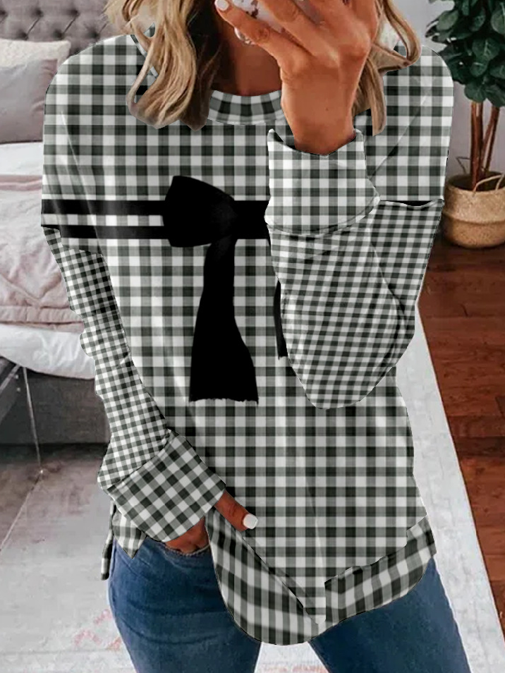 Casual Crew Neck Plaid Sweatshirt