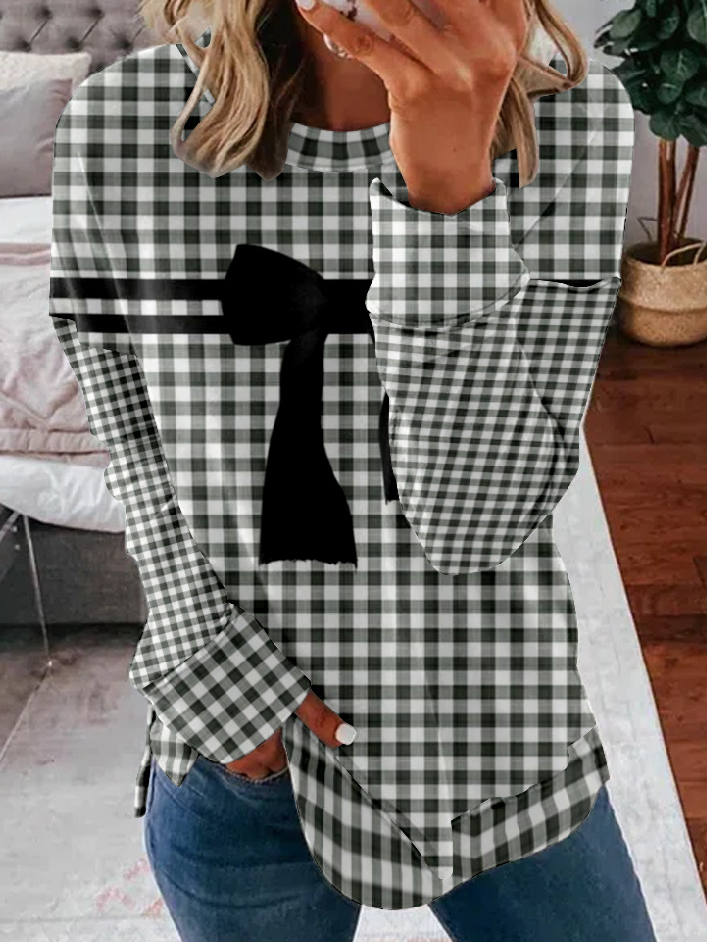 Casual Crew Neck Plaid Sweatshirt