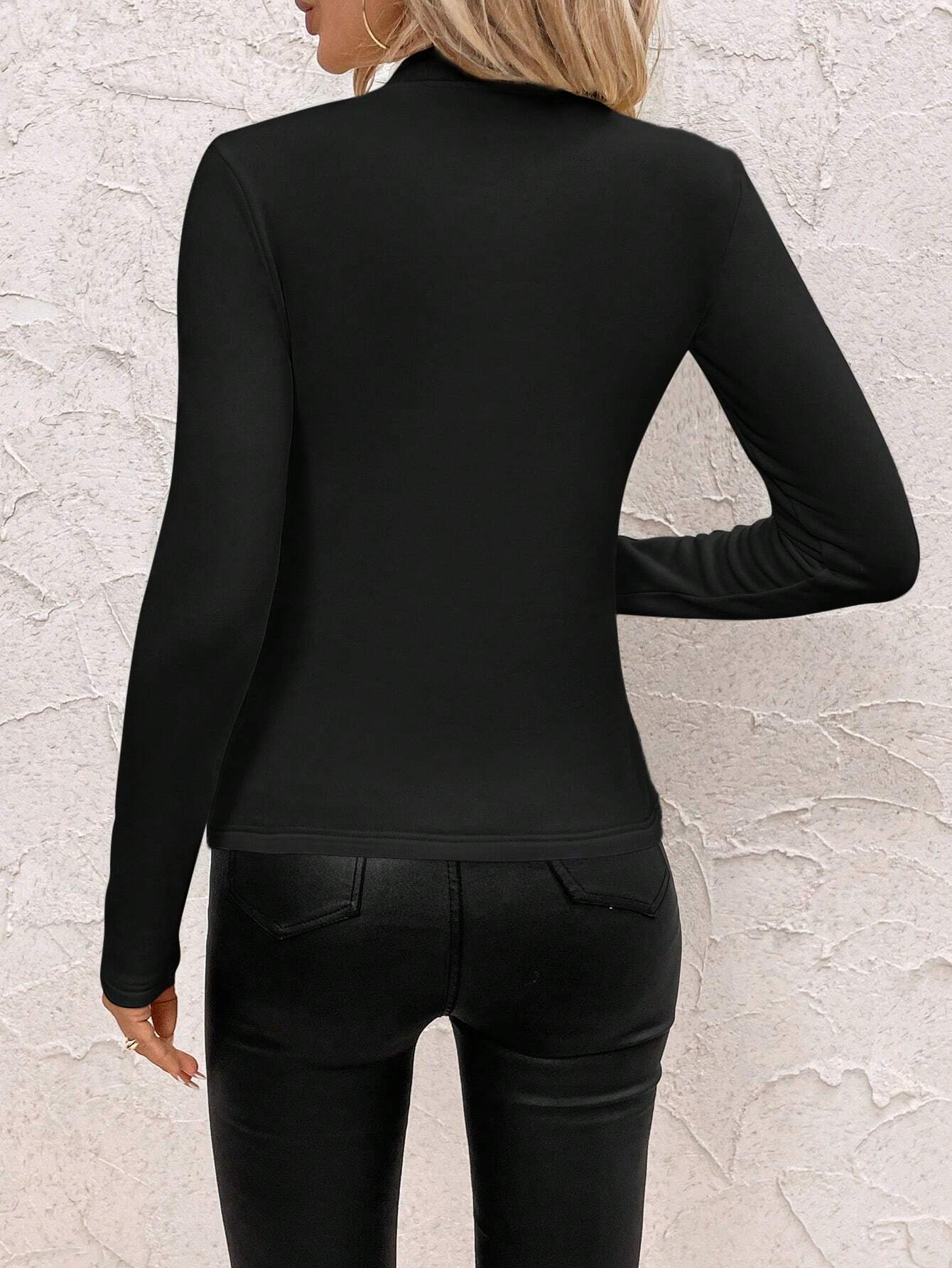 Vintage Plain Mock Neck Long Sleeve T-shirt