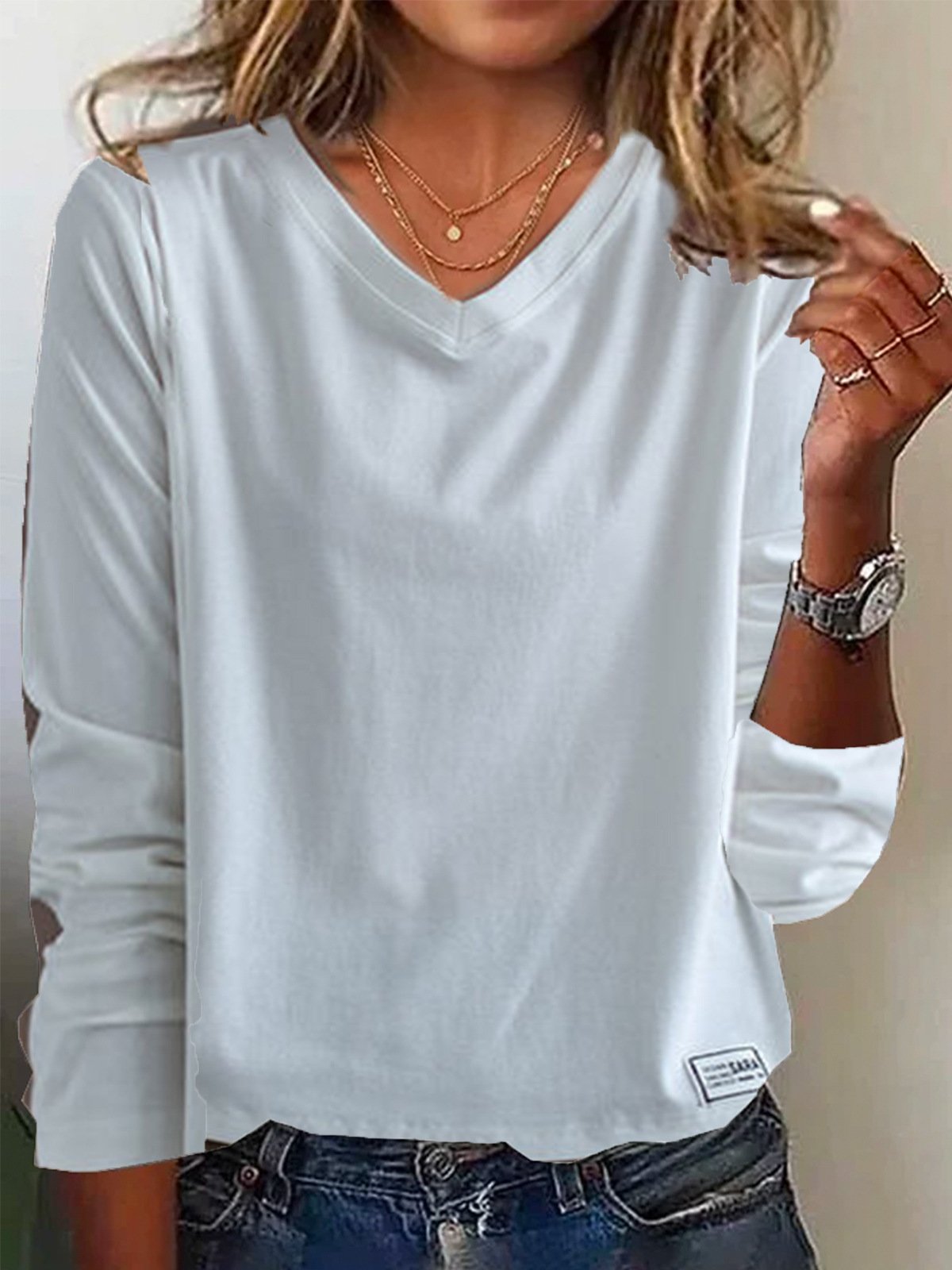 Casual Plain V Neck Long Sleeve T-shirt