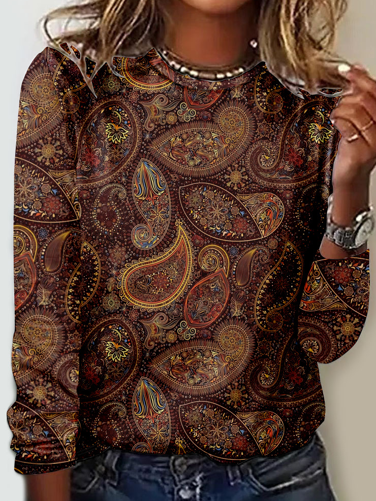 Casual Ethnic Crew Neck Long Sleeve T-shirt