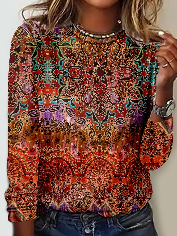 Casual Floral Crew Neck Long Sleeve T-shirt