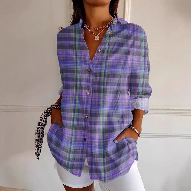 Shirt Collar Long Sleeve Geometric Regular Loose Shirt For Women