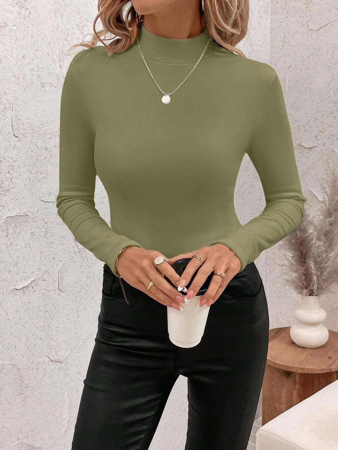 Vintage Plain Mock Neck Long Sleeve T-shirt