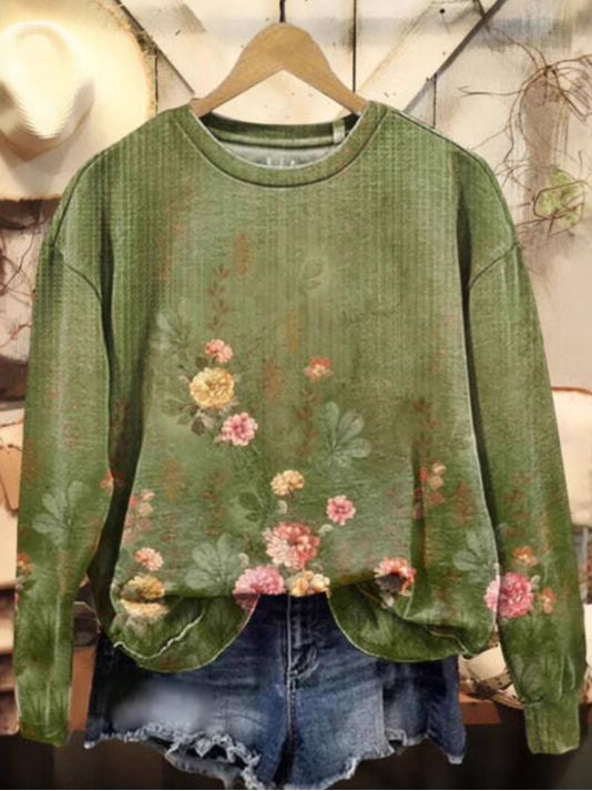 Casual Crew Neck Floral Sweatshirt