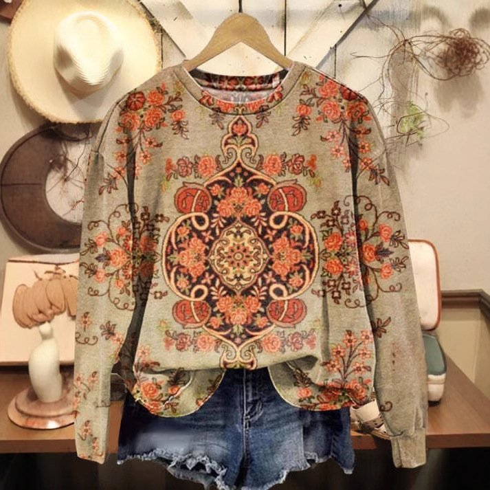 Casual Crew Neck Floral Sweatshirt