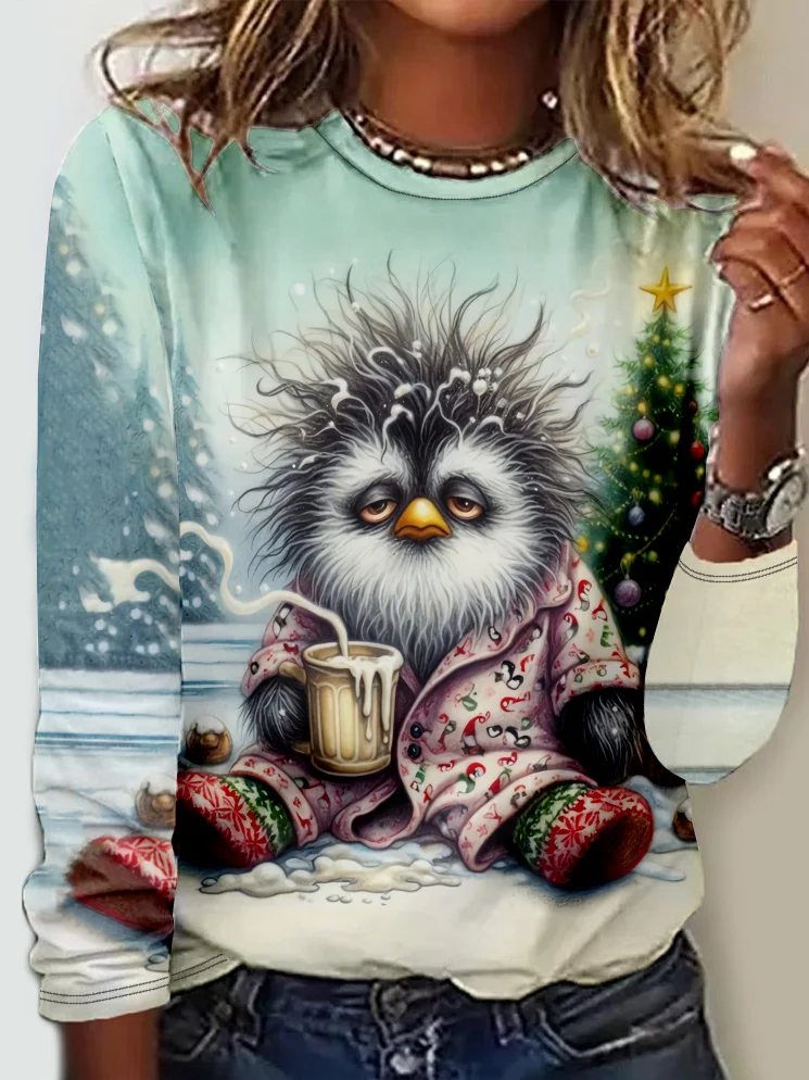 Casual Christmas Crew Neck Long Sleeve T-shirt