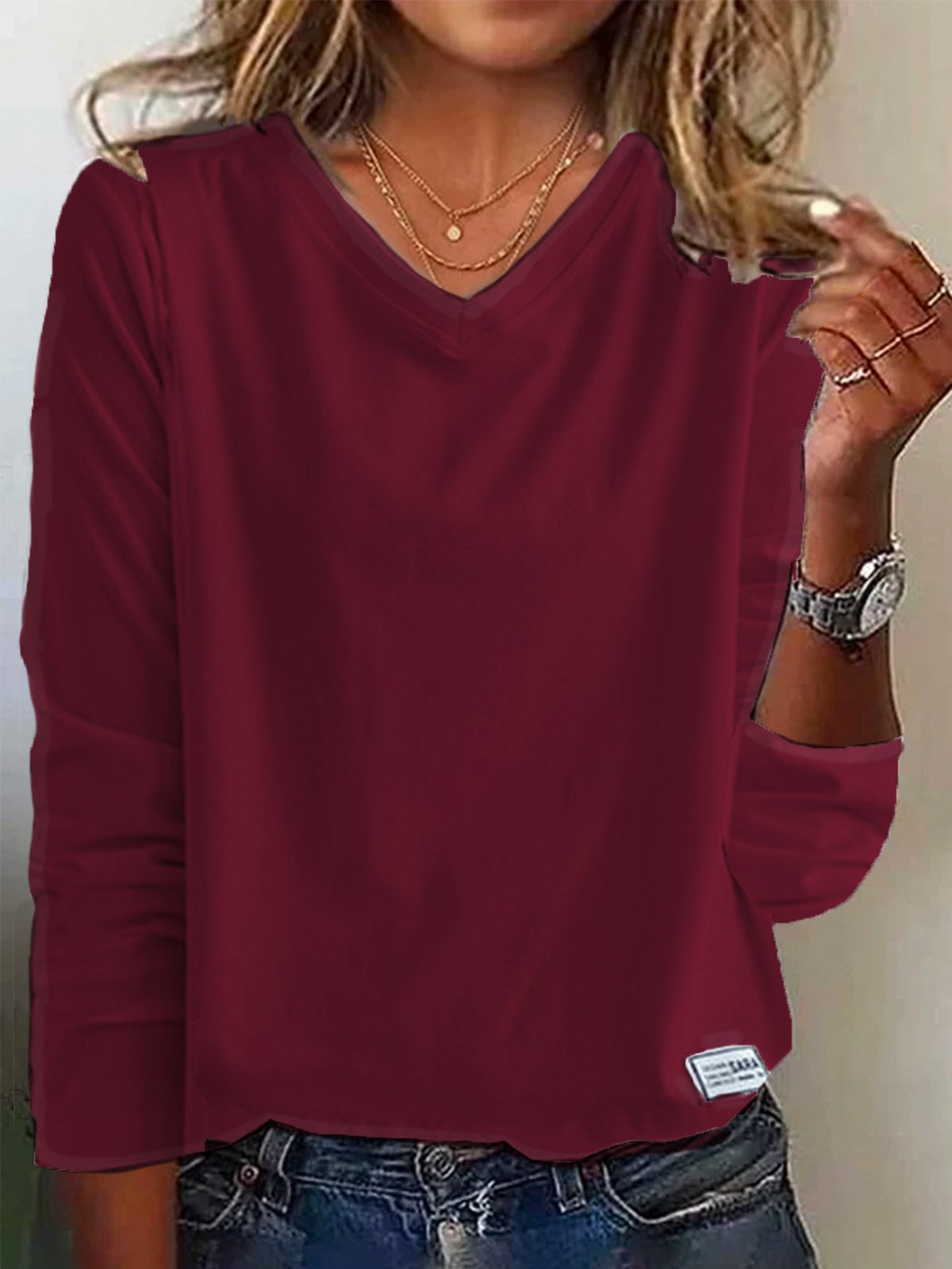 Casual Plain V Neck Long Sleeve T-shirt