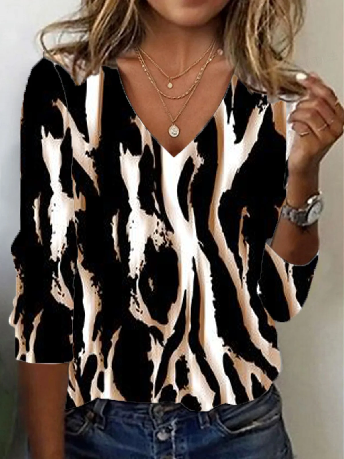 Casual Leopard V Neck Long Sleeve T-shirt