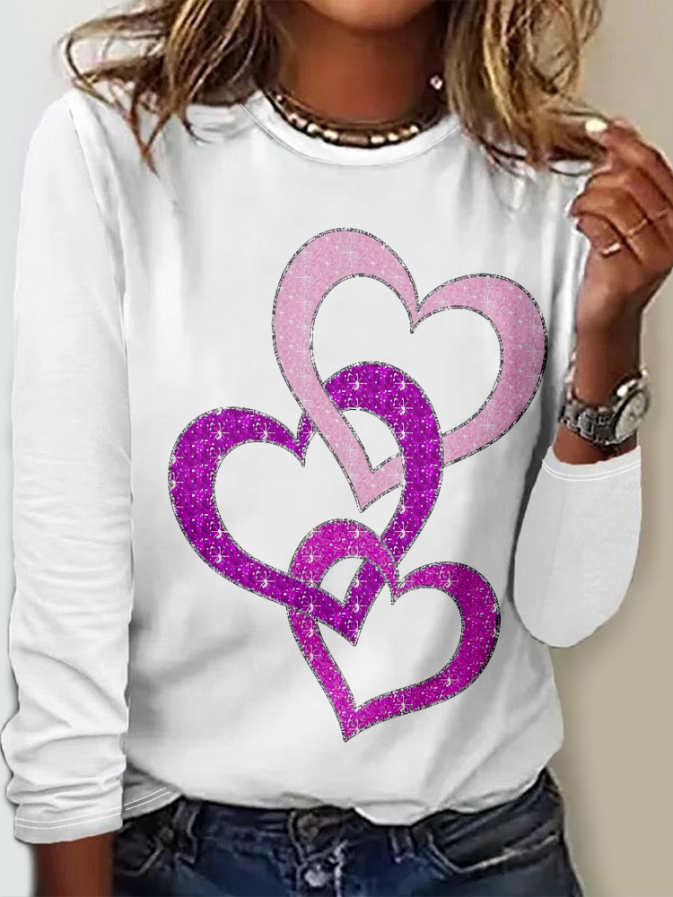 Casual Heart/Cordate Crew Neck Long Sleeve T-shirt