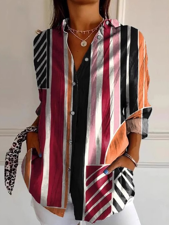 Shirt Collar Long Sleeve Striped Regular Loose Shirt For Women