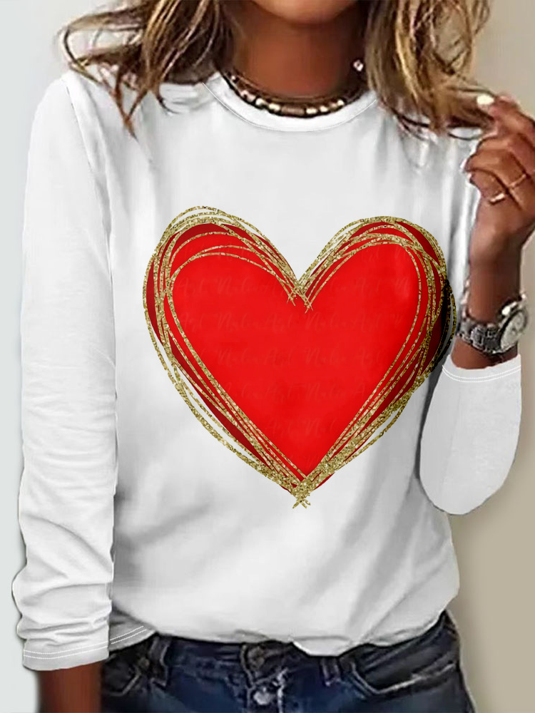 Casual Heart/Cordate Crew Neck Long Sleeve T-shirt