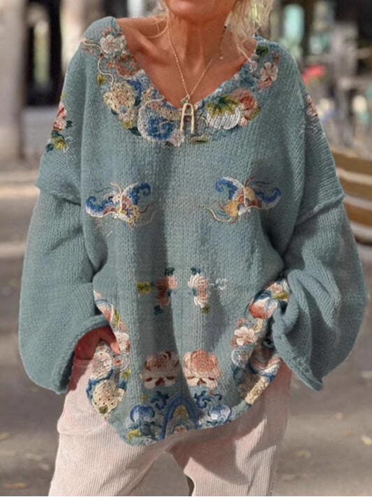 Casual V Neck Floral Sweatshirt