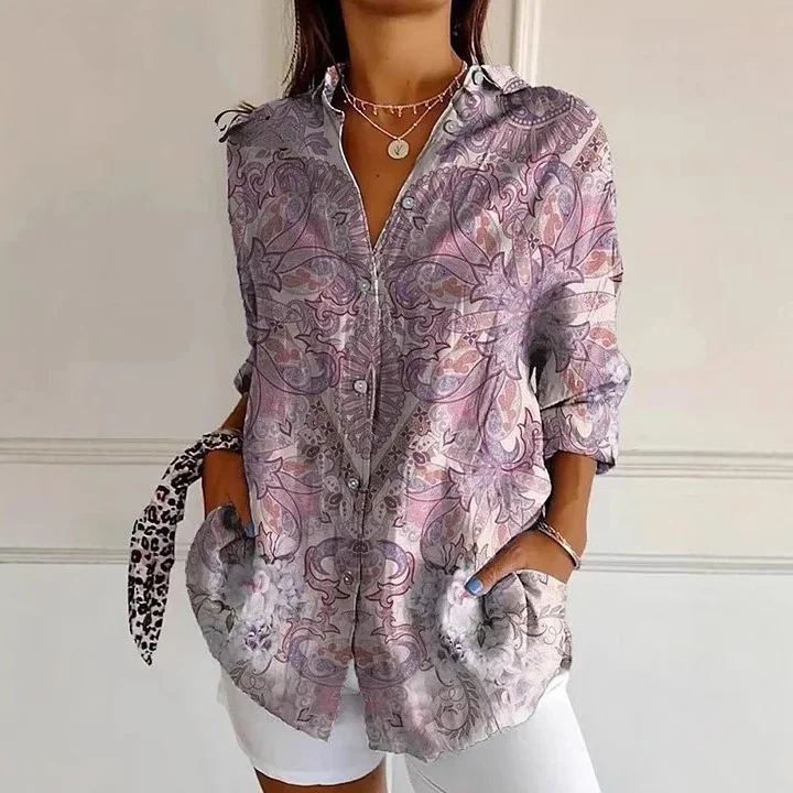 Shirt Collar Long Sleeve Geometric Regular Loose Shirt For Women