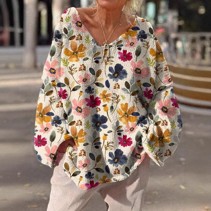 Casual V Neck Floral Sweatshirt