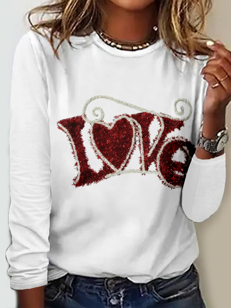 Casual Heart/Cordate Crew Neck Long Sleeve T-shirt