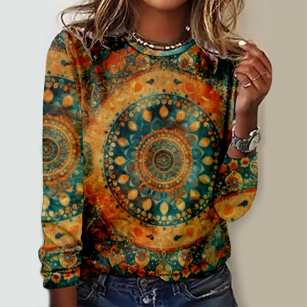 Casual Ethnic Crew Neck Long Sleeve T-shirt