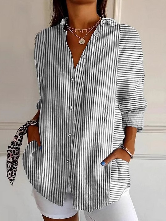 Shirt Collar Long Sleeve Geometric Regular Loose Shirt For Women