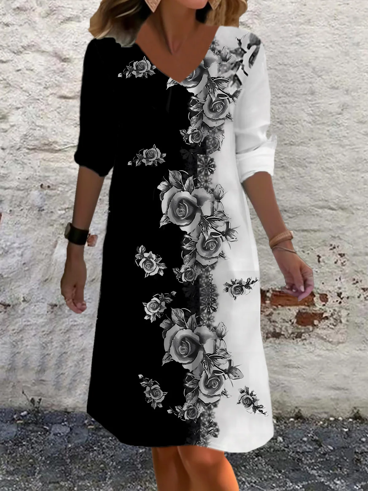 Women Floral V Neck Long Sleeve Comfy Casual Midi Dress