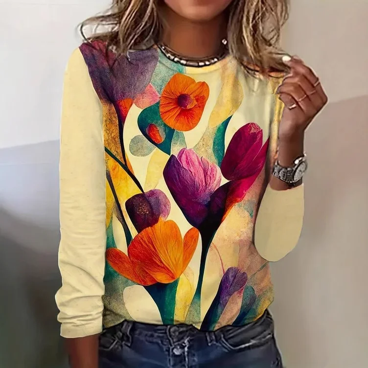 Casual Floral Crew Neck Long Sleeve T-shirt