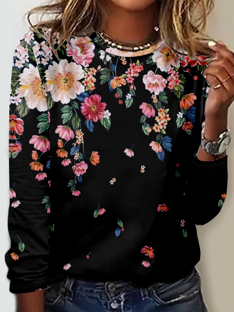 Casual Floral Crew Neck Long Sleeve T-shirt