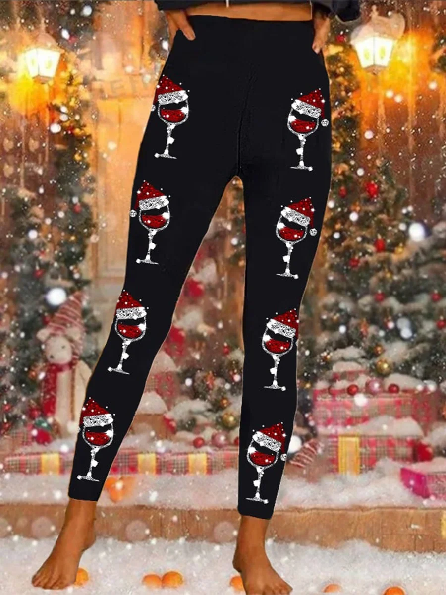 Casual Christmas Wine Glass Long Leggings