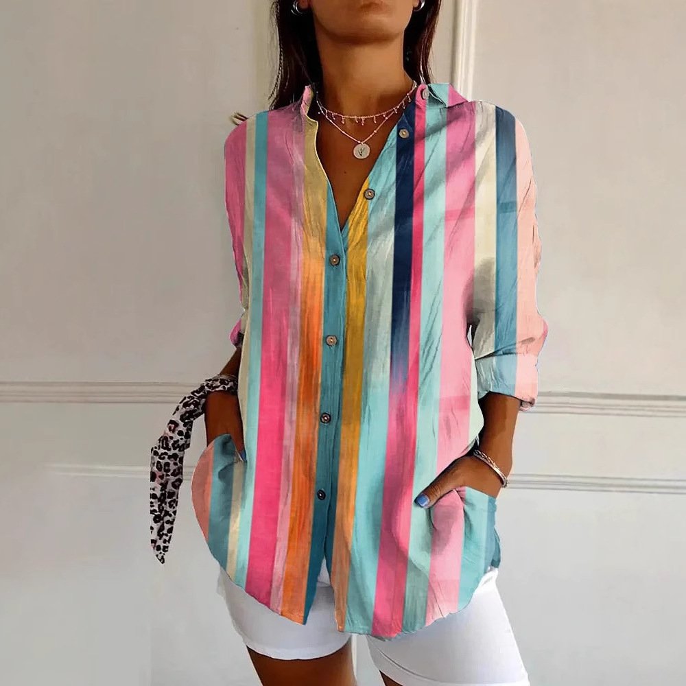 Shirt Collar Long Sleeve Striped Regular Loose Shirt For Women