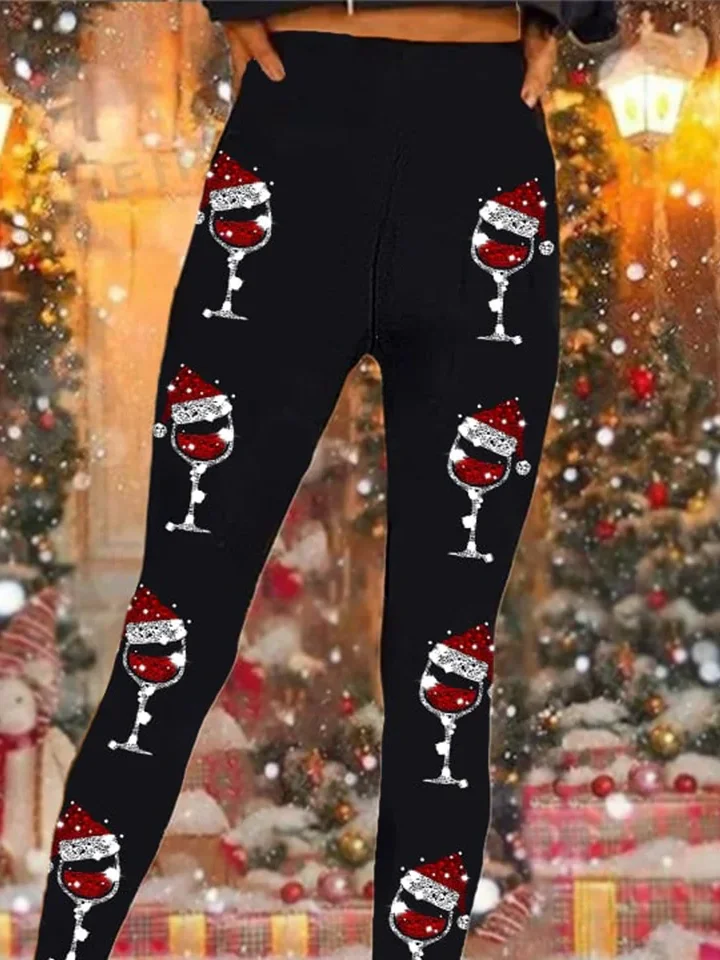 Casual Christmas Wine Glass Long Leggings