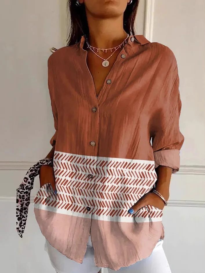 Shirt Collar Long Sleeve Striped Regular Loose Shirt For Women