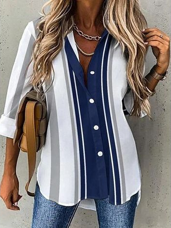 Shirt Collar Long Sleeve Striped Regular Loose Shirt For Women