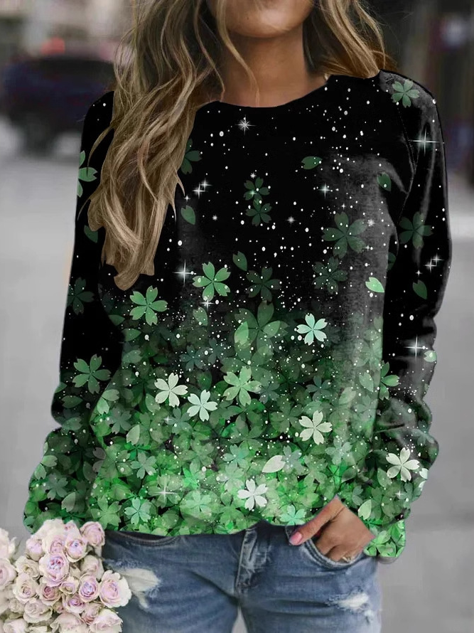 Casual Crew Neck Four-leaf Clover Sweatshirt