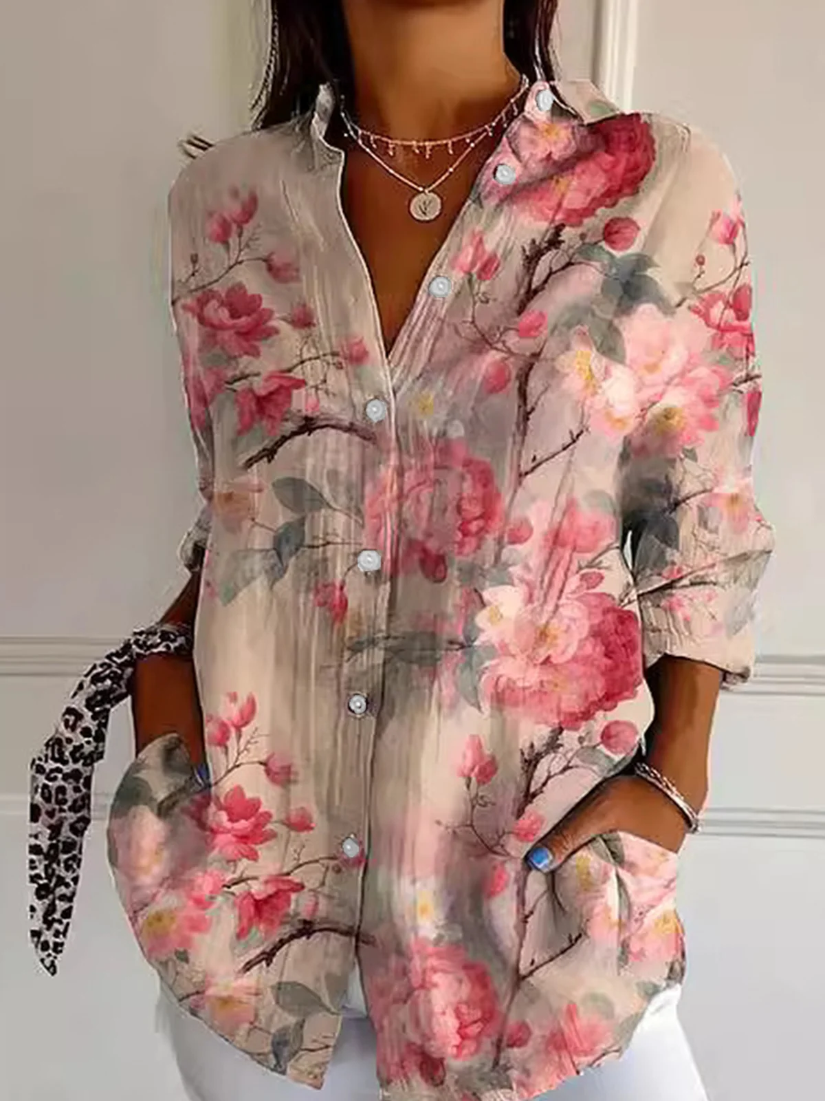 Shirt Collar Long Sleeve Floral Regular Loose Shirt For Women