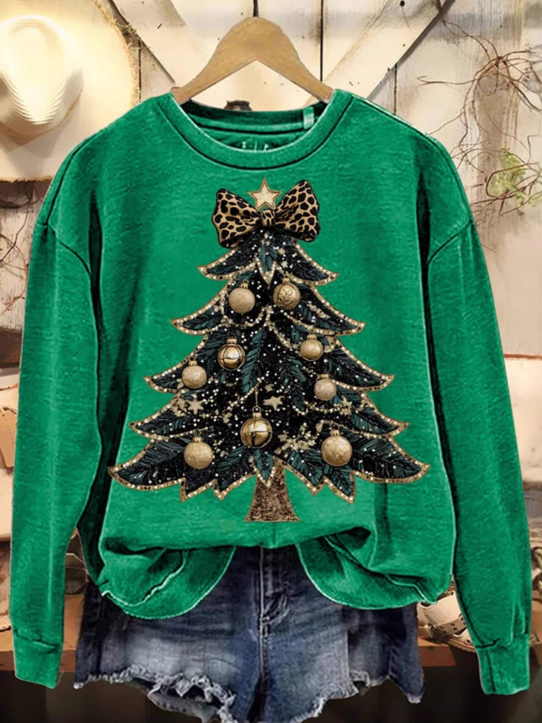 Christmas Tree Art Print Casual Crew Neck Christmas Sweatshirt