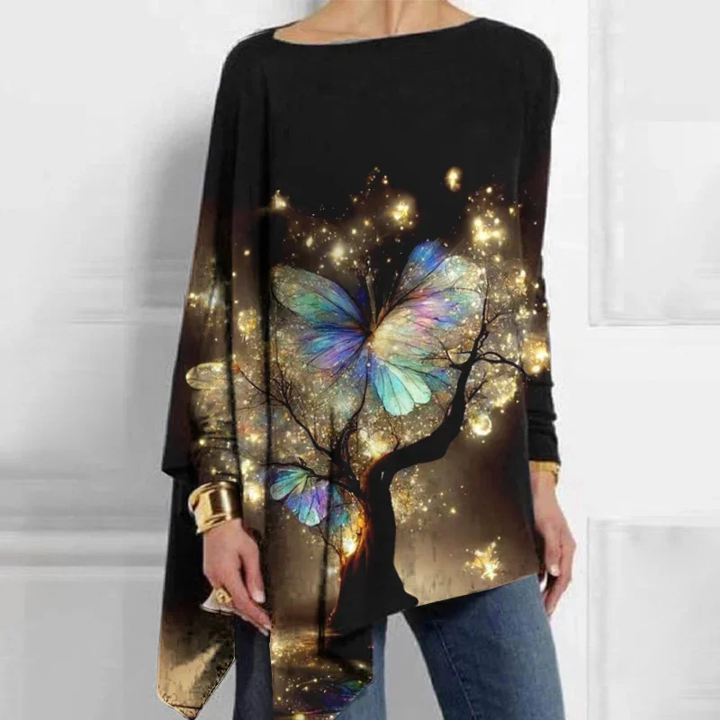 Crew Neck Long Sleeve Floral Regular Micro-Elasticity Loose Blouse For Women