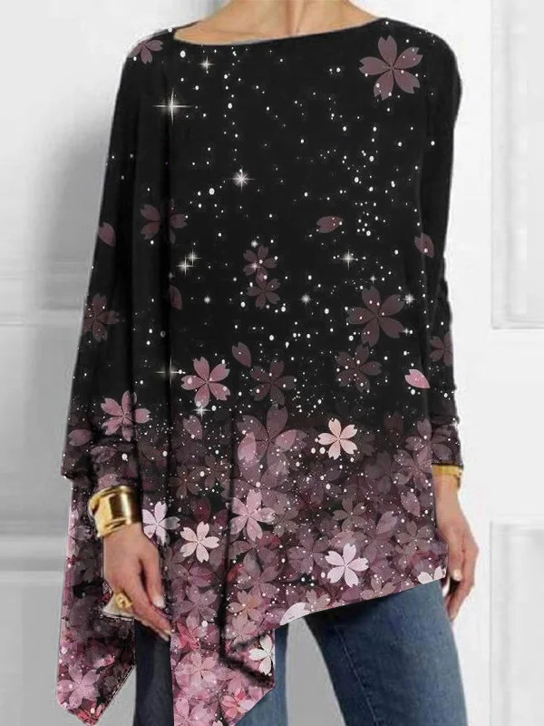 Crew Neck Long Sleeve Floral Regular Micro-Elasticity Loose Blouse For Women