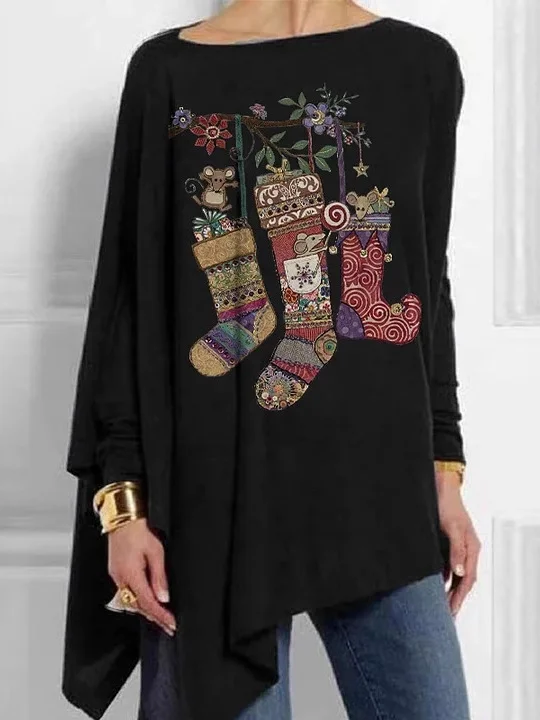 Crew Neck Long Sleeve Christmas Tree Print Loose Blouse For Women