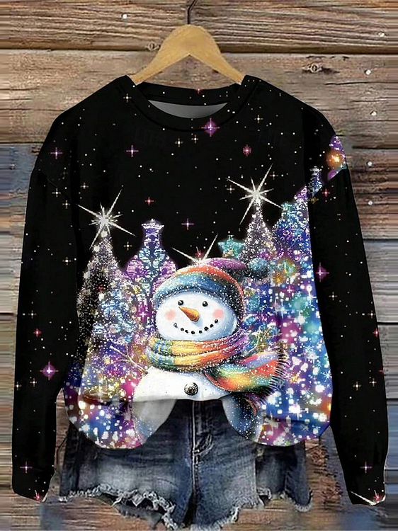 Christmas Snowman Print Casual Crew Neck Geometric Sweatshirt