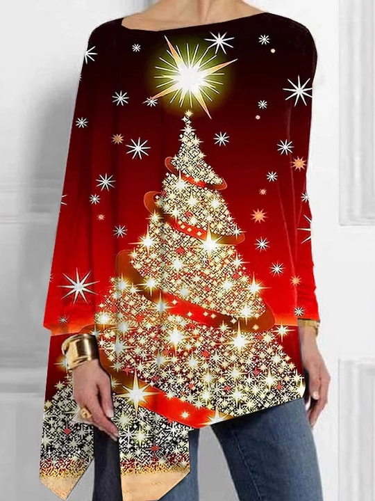 Crew Neck Long Sleeve Christmas Tree Print Loose Blouse For Women