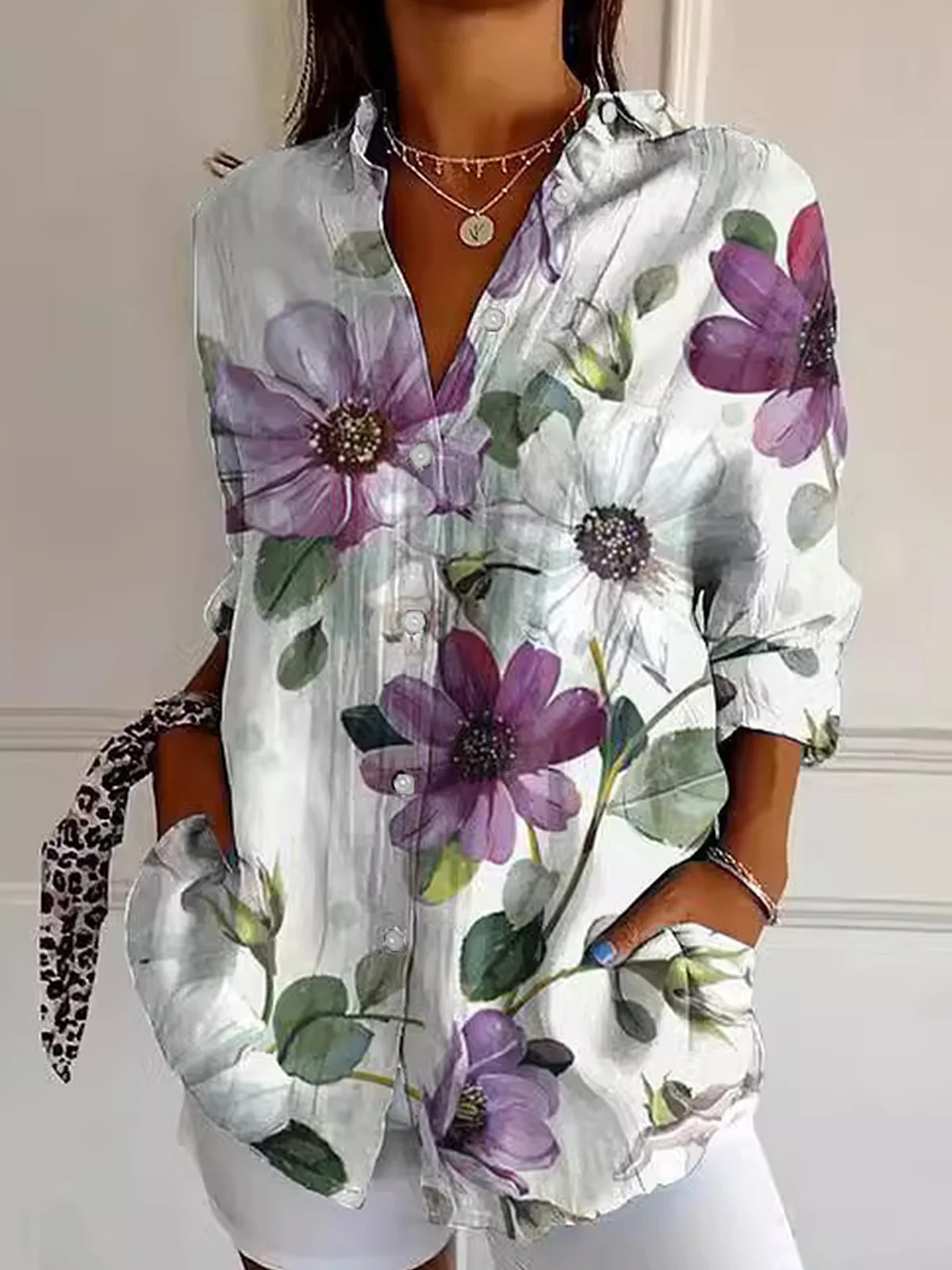 Shirt Collar Long Sleeve Floral Regular Loose Shirt For Women