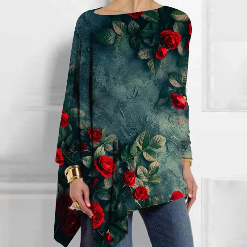 Crew Neck Long Sleeve Floral Regular Micro-Elasticity Loose Blouse For Women