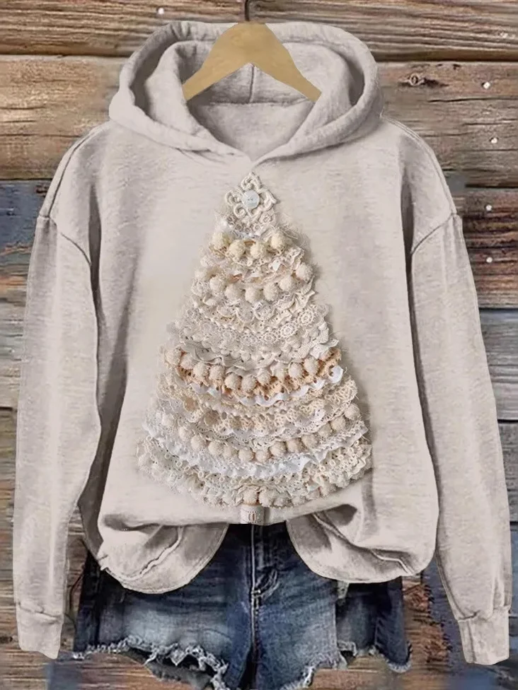 Casual Hoodie Christmas Tree Art Print Sweatshirt