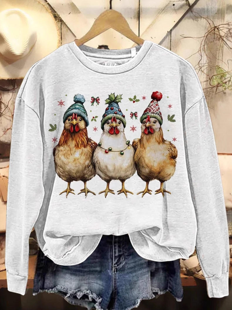 Funny Chicken Art Print Casual Crew Neck Animal Sweatshirt