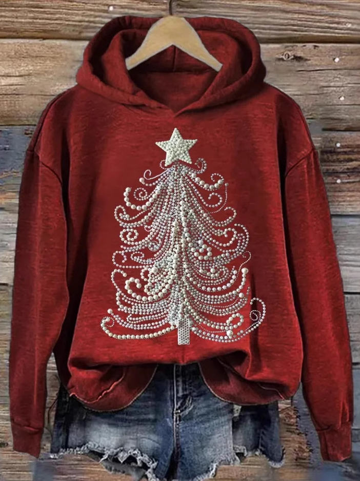 Casual Hoodie Christmas Tree Art Print Sweatshirt