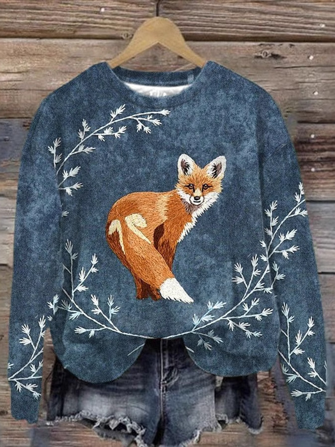 Casual Fox and flowers Print Crew Neck Sweatshirt