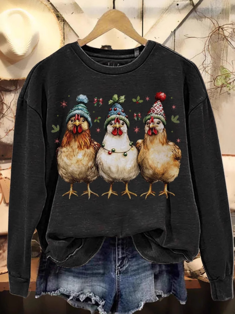 Funny Chicken Art Print Casual Crew Neck Animal Sweatshirt