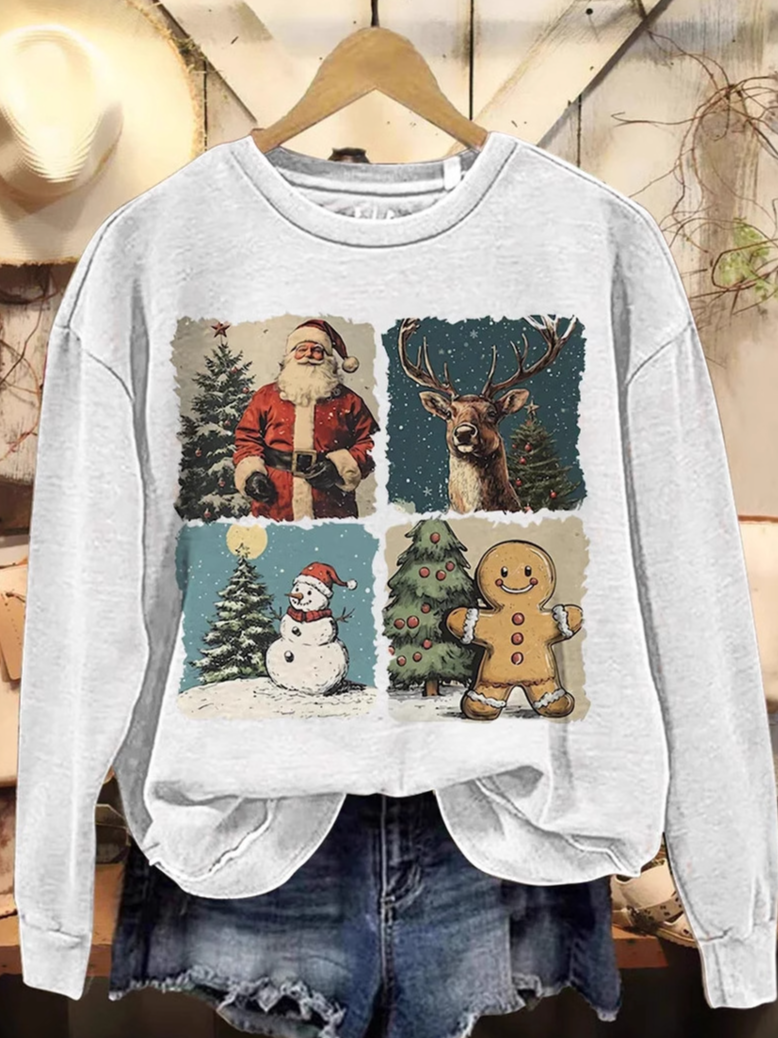 Casual Crew Neck Christmas Art Print Sweatshirt