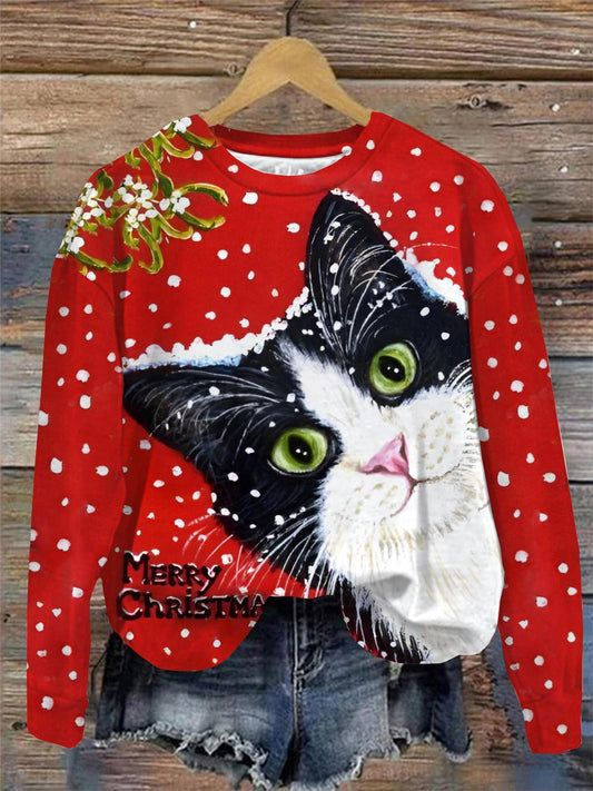 Casual Crew Neck Christmas Cat Print Sweatshirt