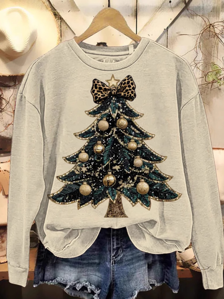 Christmas Tree Art Print Casual Crew Neck Christmas Sweatshirt