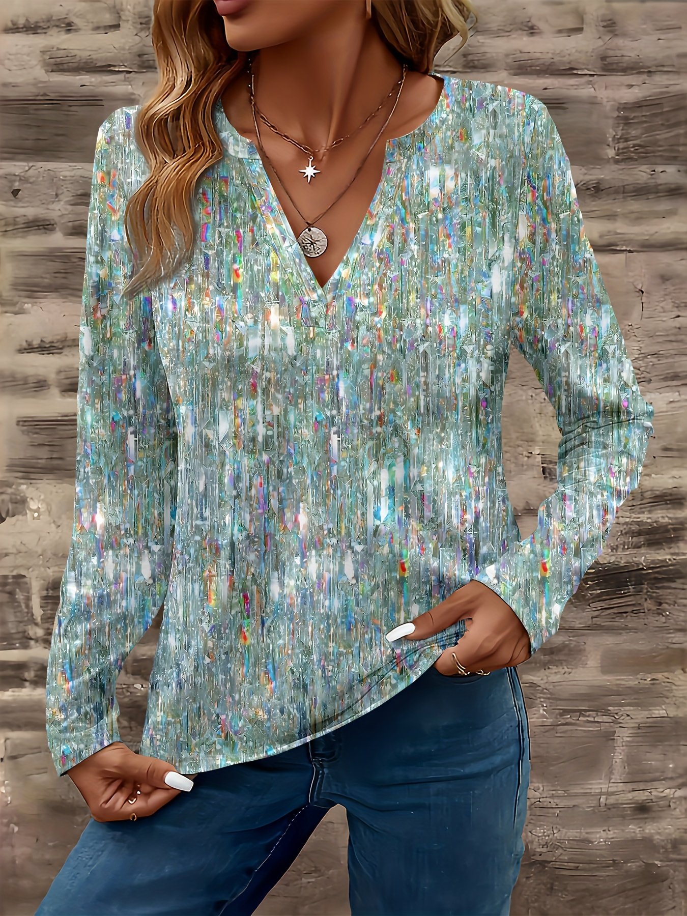 Casual 3D Glitter Pattern V Neck Long Sleeve T-shirt